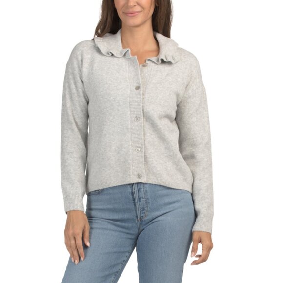 CYRUS Light Grey Wool Blend Ruffle Collar Cardigan - Picture 1 of 2